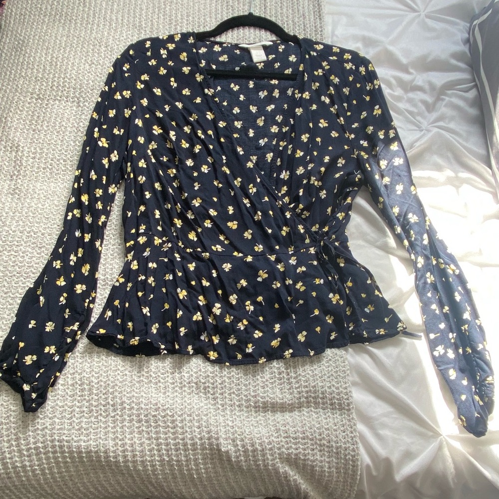 H&M Black Floral Wrap Top